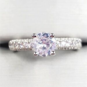 Round Cut Diamond Simulants Silver Tone Pave Engagement Ring